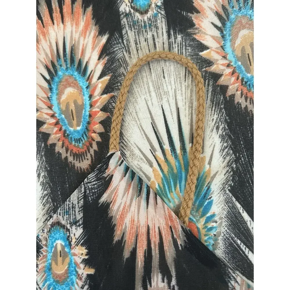 Dry Lake Naomi Long Dress Size Small Peacock Feather Print Maxi Resortwear Brown